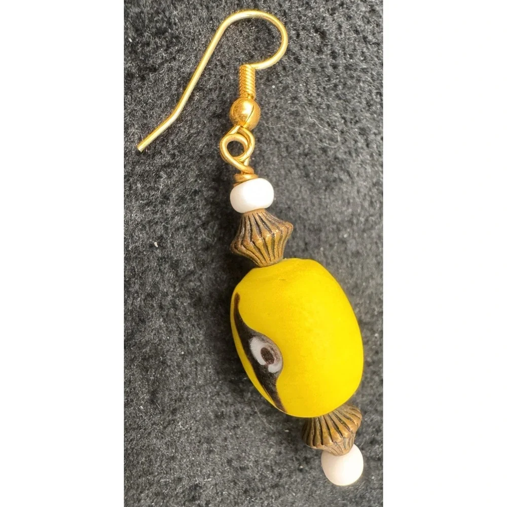 Yellow Glass Bead Dangle Earrings‎ Boho Retro Handmade Vintage